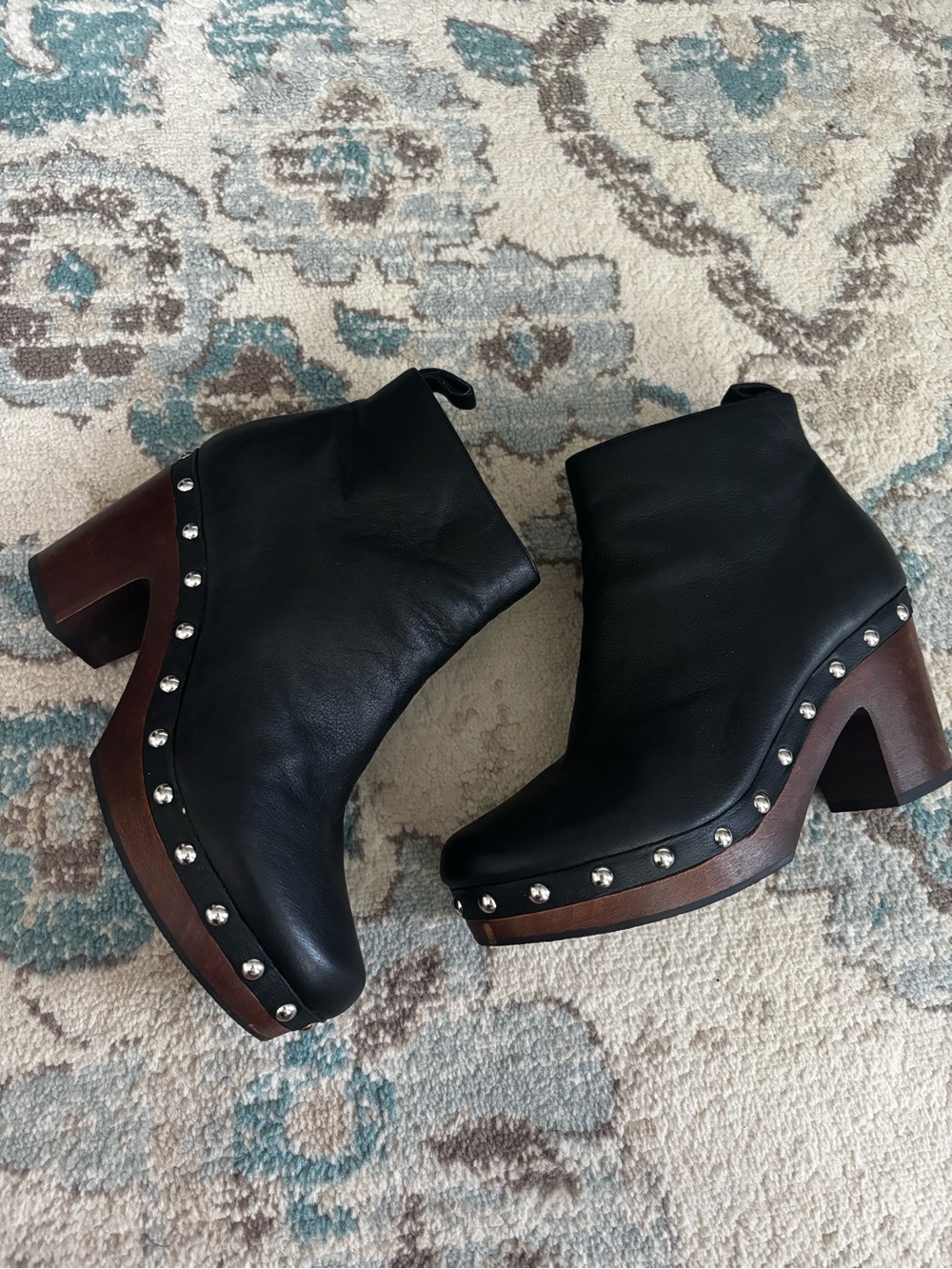 French Connection Black Leather Studded Platform Ankle Boots